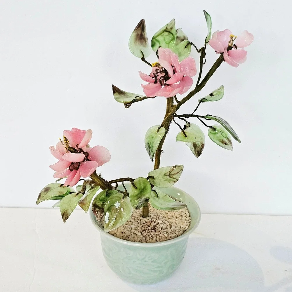 Vintage Glass Bonsai Tree Pink Cherry Blossom Celadon Pot Oriental Decor Art